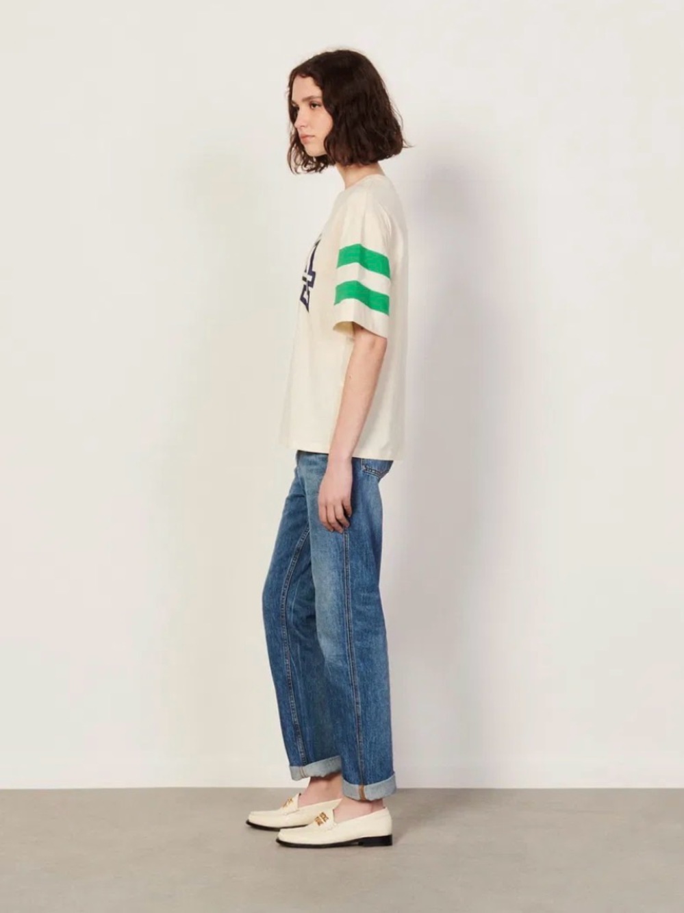 Sandro Cream Short Sleeve Tee with Green & Blue 1984 Graphic - Picture 5 of 15